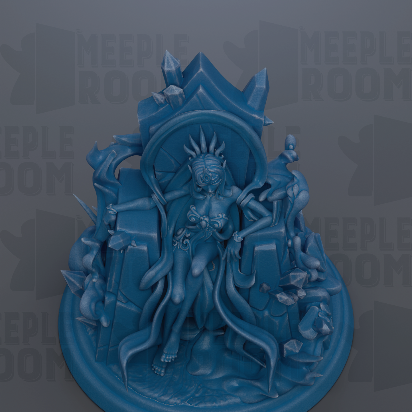 A 3D rendering of a fantastical, blue-colored statue depicting a female figure with a crown and ornate headdress, surrounded by various other fantastical elements.