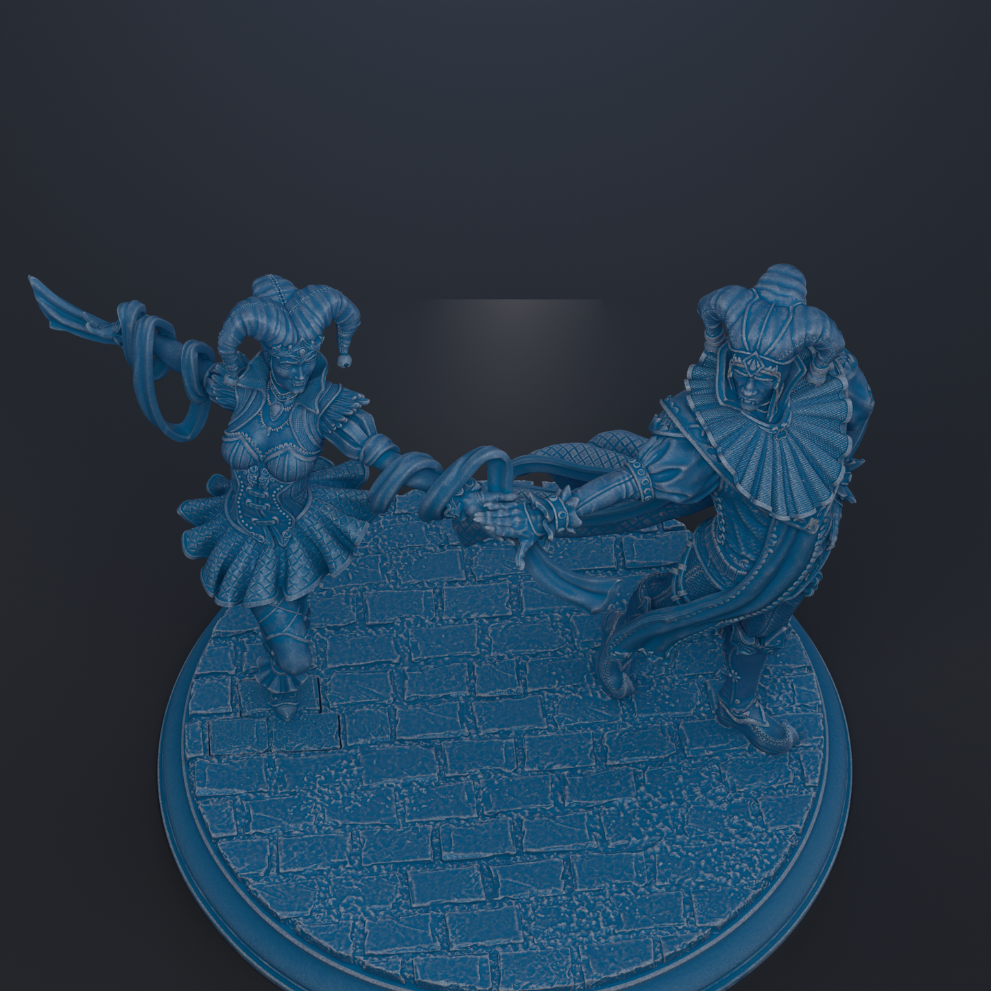 A 3D rendering of two figures, one with a halo and the other with a crown, standing on a brick surface.