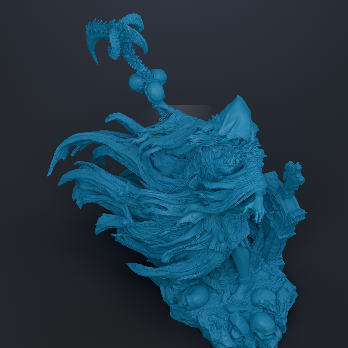 A blue, abstract sculpture with flowing, organic shapes and textures, resembling a wave or a natural form.