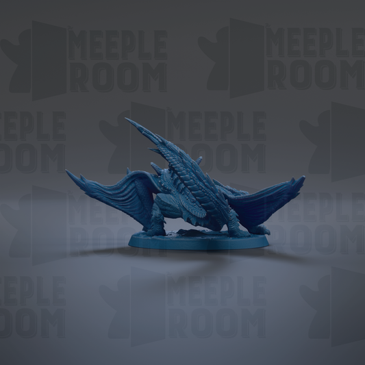 A blue dragon figurine is displayed against a dark background with repeated text.