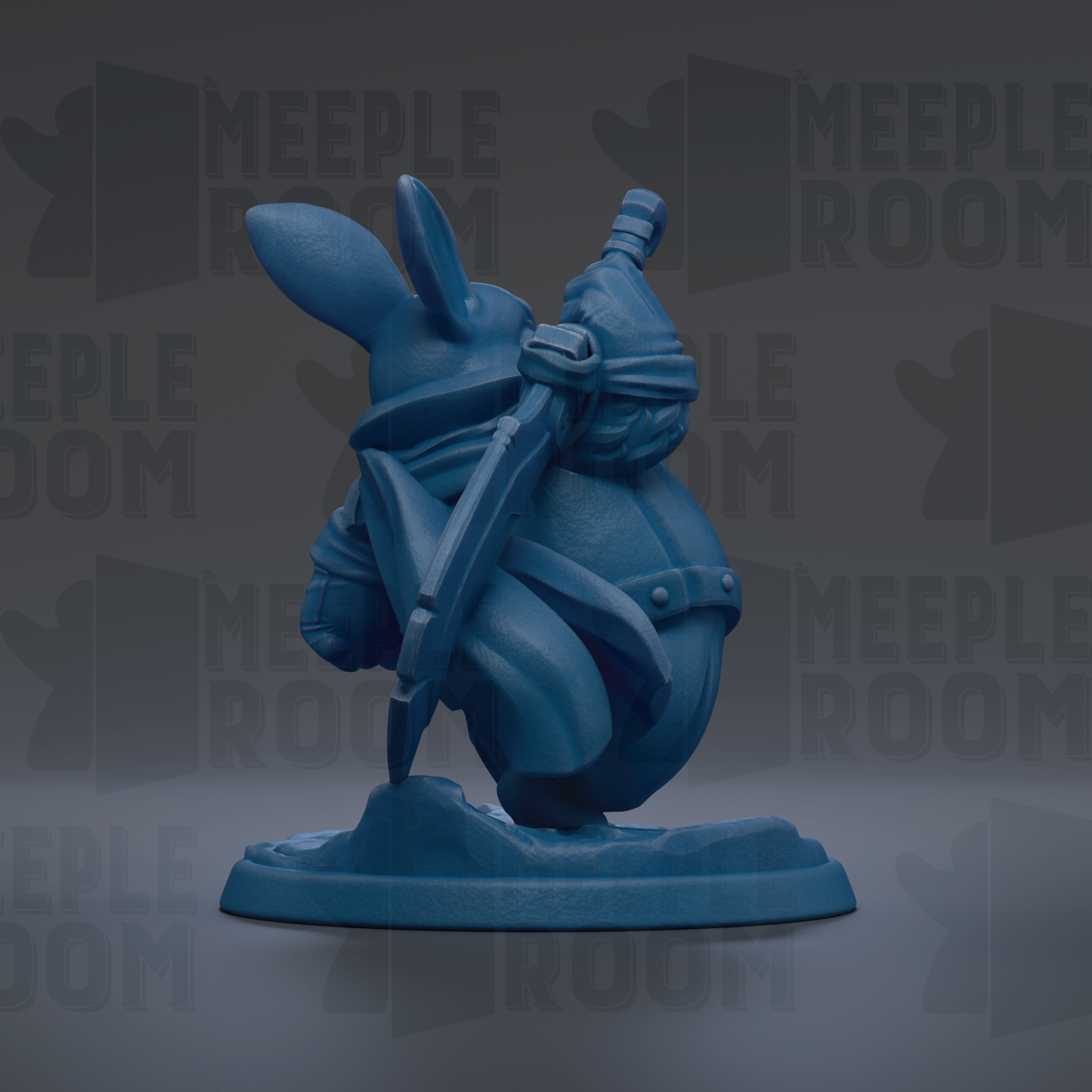 A blue figurine of a character with a sword and shield, standing on a base.