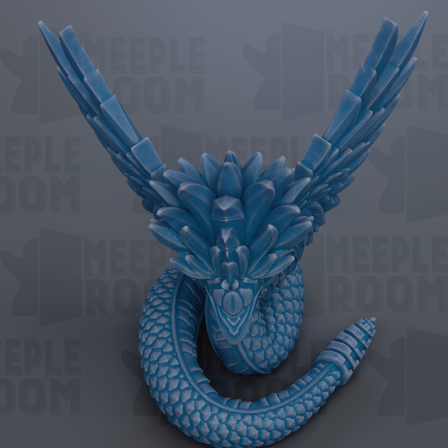 A blue, intricate dragon-like creature with large, detailed wings and a long, coiled body.