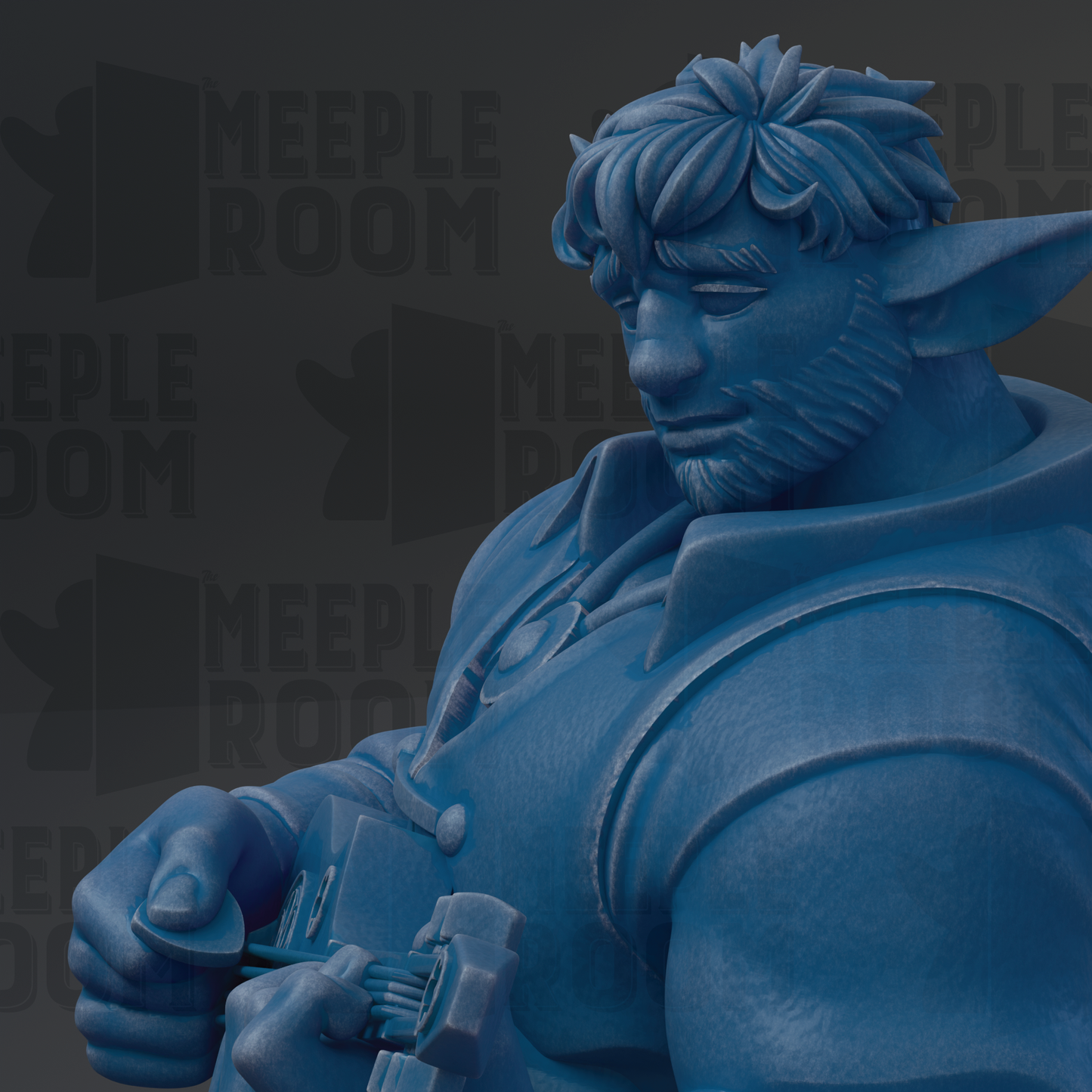 A close-up of a blue statue depicting a man with a beard and a serious expression.