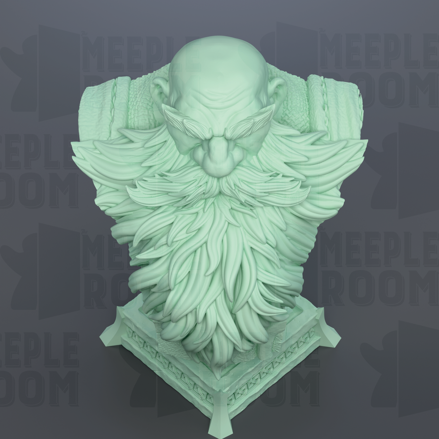 A green, detailed bust sculpture of a bearded man with a serious expression, set against a dark background with repeated text.