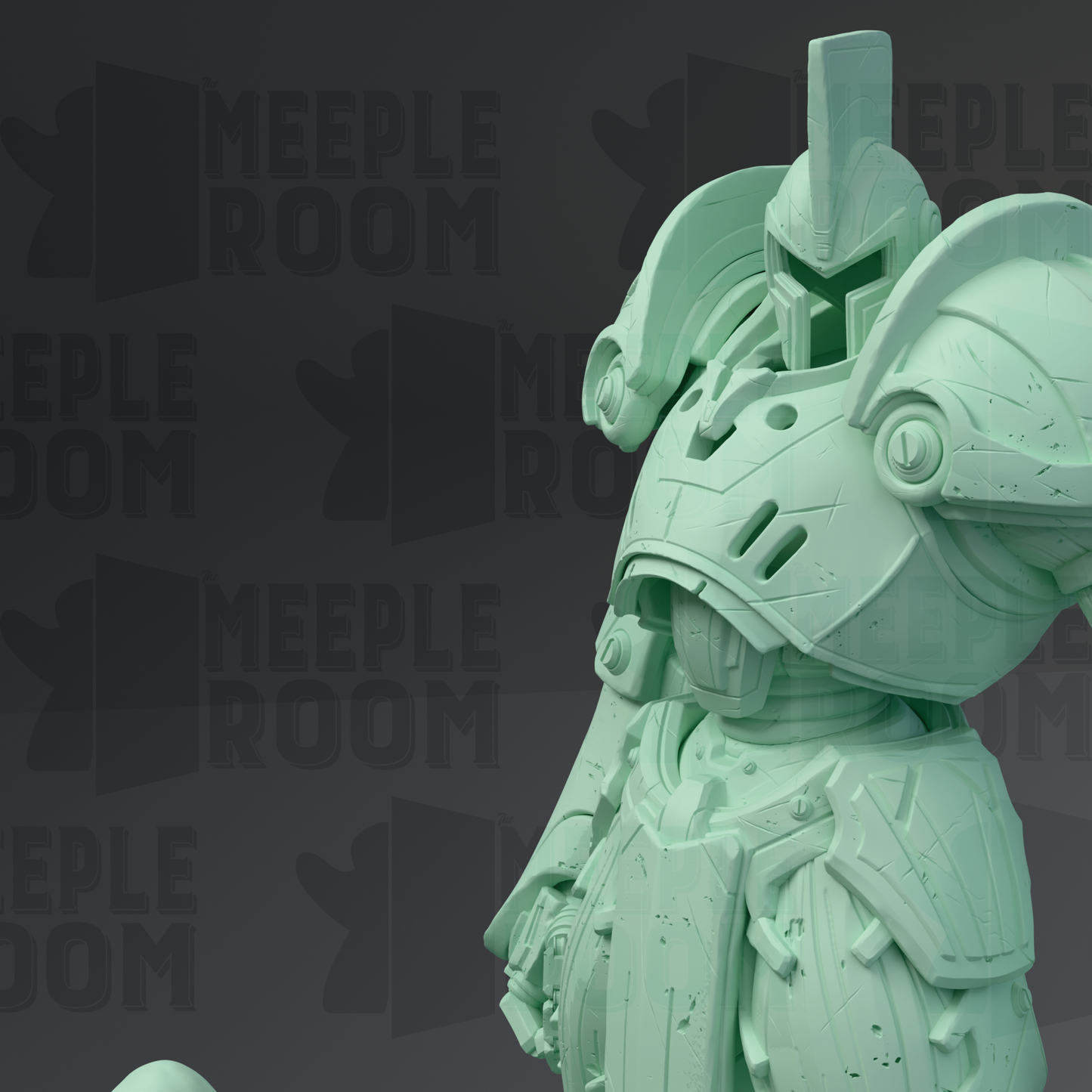 A 3D rendering of a futuristic-looking armored robot or character, with a distinctive helmet and a metallic, textured appearance.