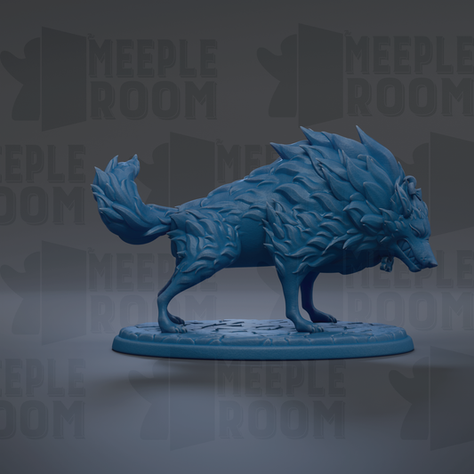 A blue, stylized wolf figurine is displayed on a blue base against a dark background with repeated text.