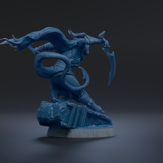 A 3D rendering of a blue, fantastical creature with a large head, long neck, and a sword in its hand, standing on a rock formation.