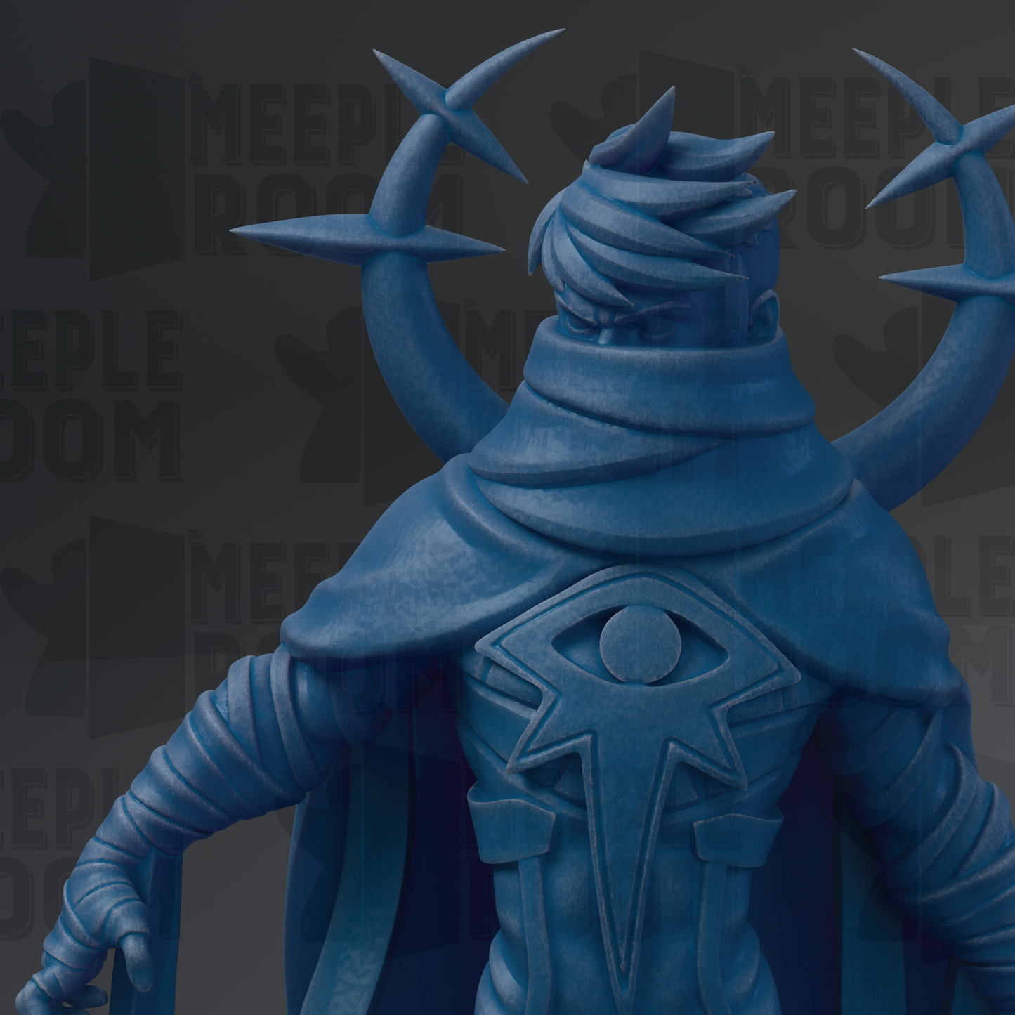 A blue, fantastical statue of a character with an eye design on the back, wearing a cape and holding a weapon.