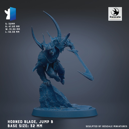a blue figurine of a horned blade, jumping on a rock base.