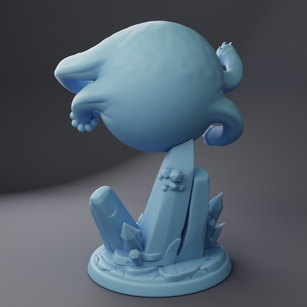 A 3D rendering of a blue, spherical object with a curved shape, standing on a base with various geometric shapes and textures.