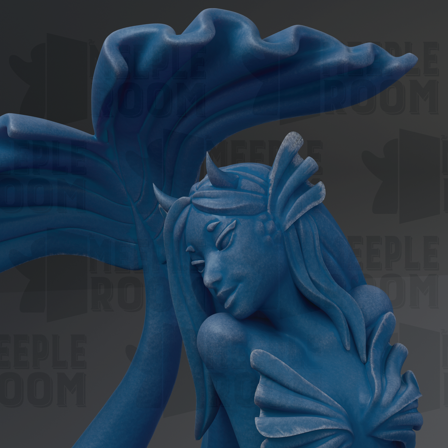 A blue mermaid statue with a flowing tail and intricate details, set against a dark background.