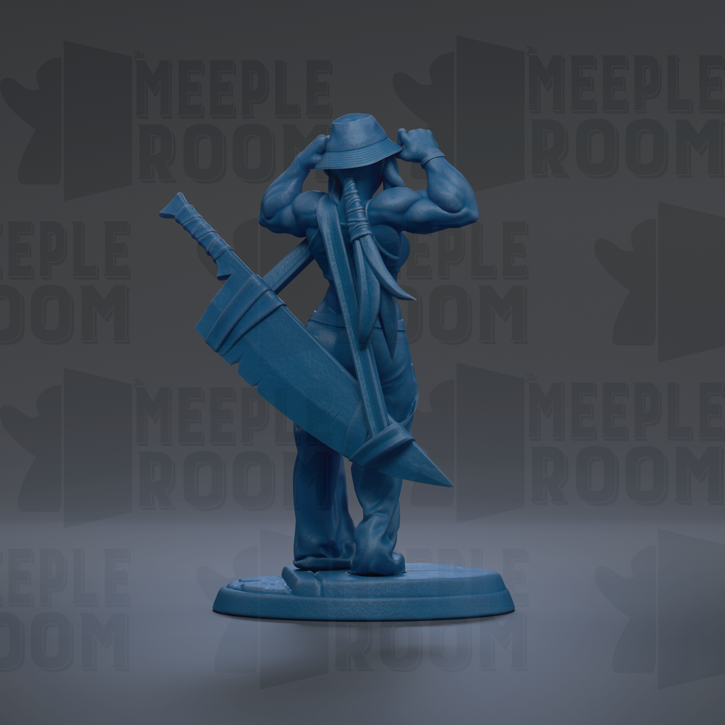 A blue figurine of a muscular man holding a large sword and shield, standing in a defensive stance.