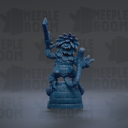 A blue, fantastical creature with a large head and long tail is depicted in the center of the image, holding a sword in its right hand.