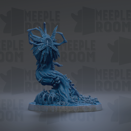 A blue, organic-looking creature resembling a plant or tree with intricate, flowing features stands prominently in the center of the image.