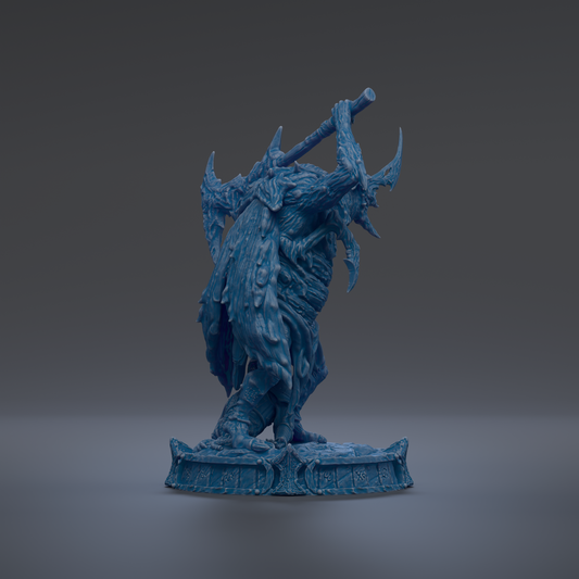 A blue, 3D-rendered statue of a fantastical creature with horns and a long, curved weapon.