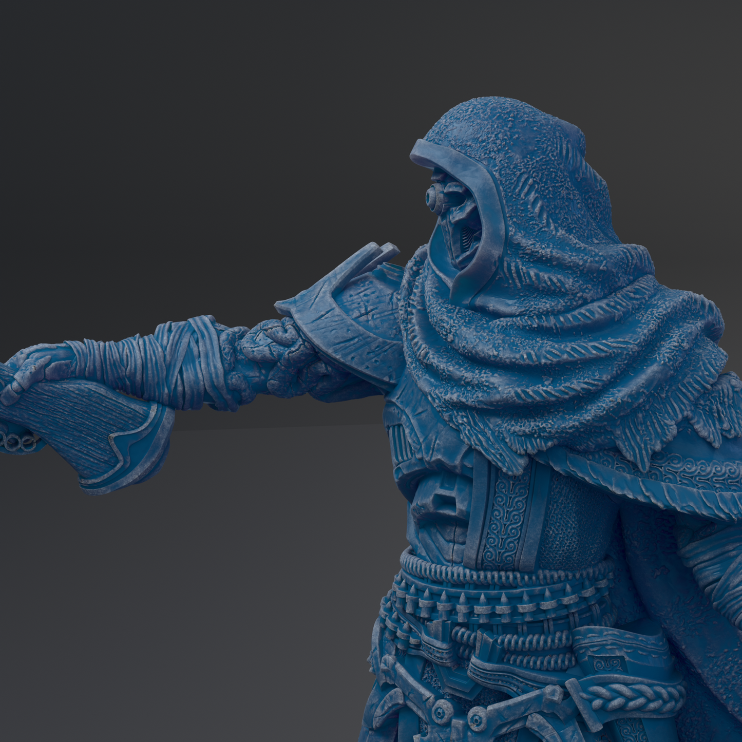 A detailed 3D rendering of a blue armored figure, possibly a warrior or knight, with intricate armor and weapons.