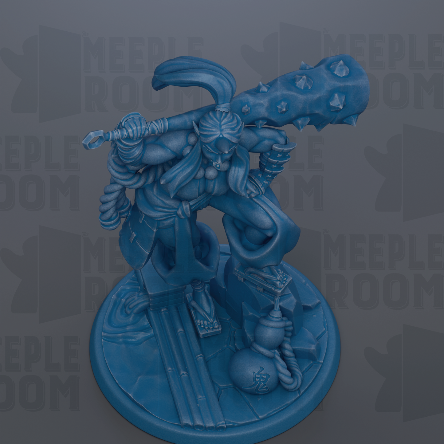 A blue figurine of a warrior figure holding a large weapon and standing on a platform.