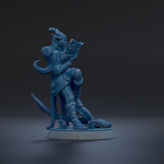 A blue statue of a woman holding a book and a shield, standing on a pedestal.