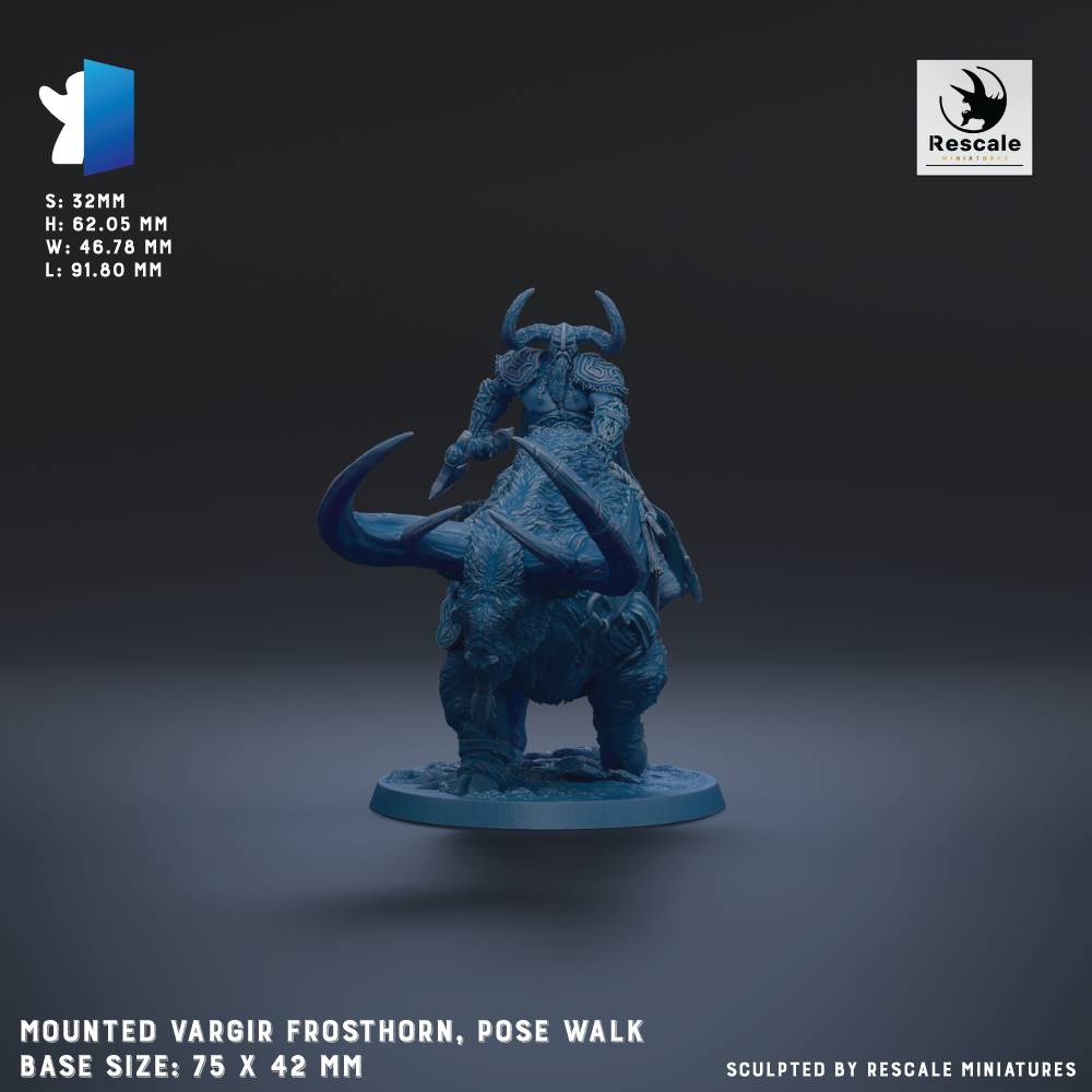 The image is a 3D rendering of a mounted Vargir Frosthorn, a pose walk base size of 75 x 42 mm, with a dark background.