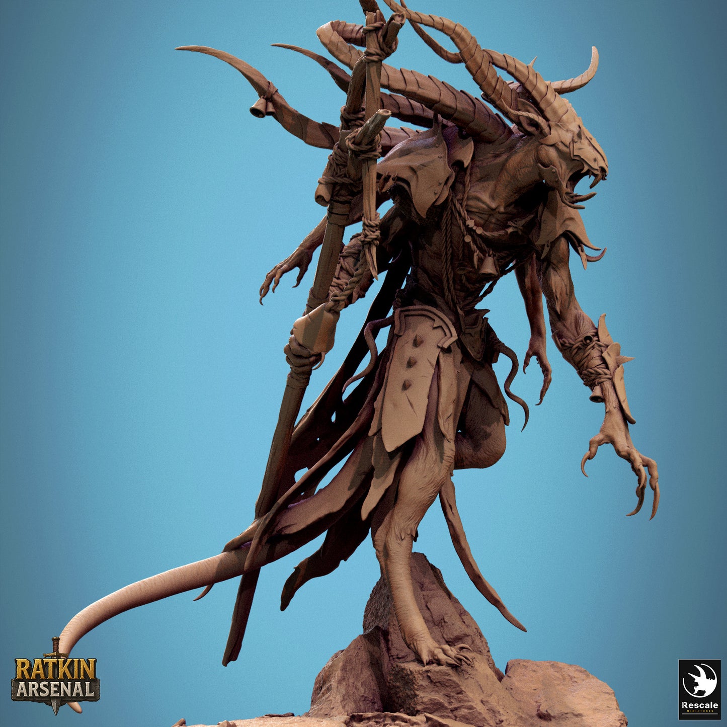 a large, detailed statue of a creature with horns and claws, standing on a rock formation against a blue background.