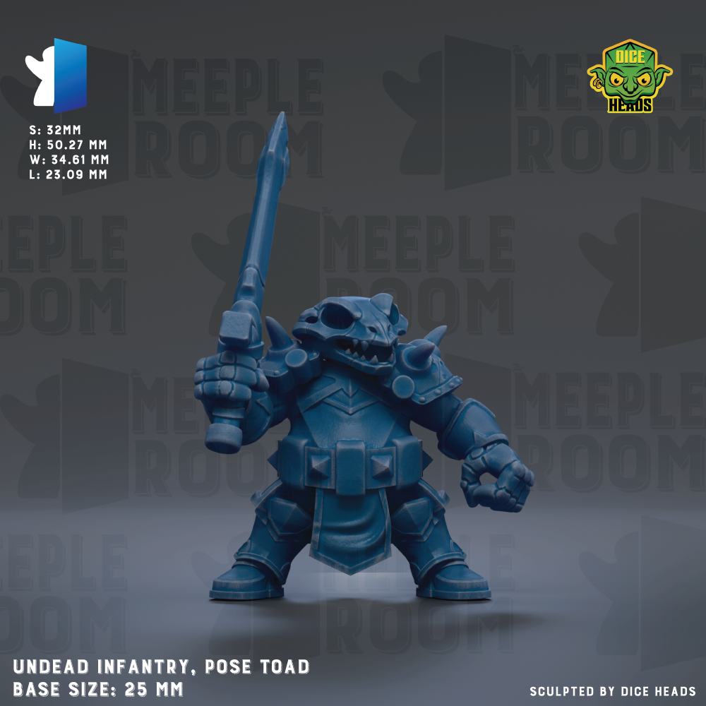 a blue armored figure holding a sword, with the text "UNDEAD INFRANTRY, POSE TOAD" and "BASE SIZE: 25MM" visible.