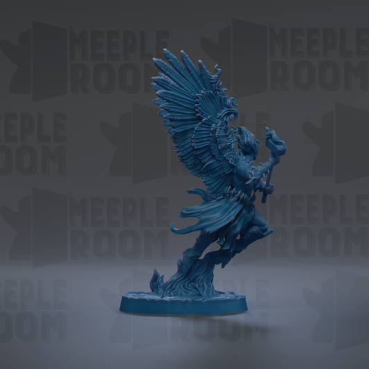 A blue, winged figurine with a flowing cape and a staff, standing on a base against a dark background with repeated text.
