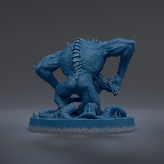 A 3D rendering of a blue, muscular creature with sharp teeth and claws, standing on a blue base.