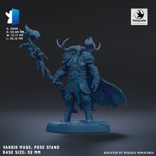 A 3D model of a warrior figure, specifically a Vargir Mage, posed on a base stand. The figure is depicted in a dynamic pose, with a staff in one hand and a shield in the other. The base size of the figure is 32mm.