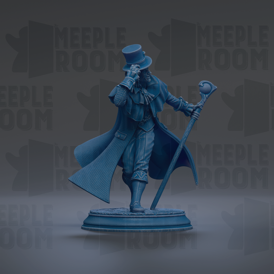 A blue statue of a person wearing a top hat and holding a cane, standing on a pedestal.