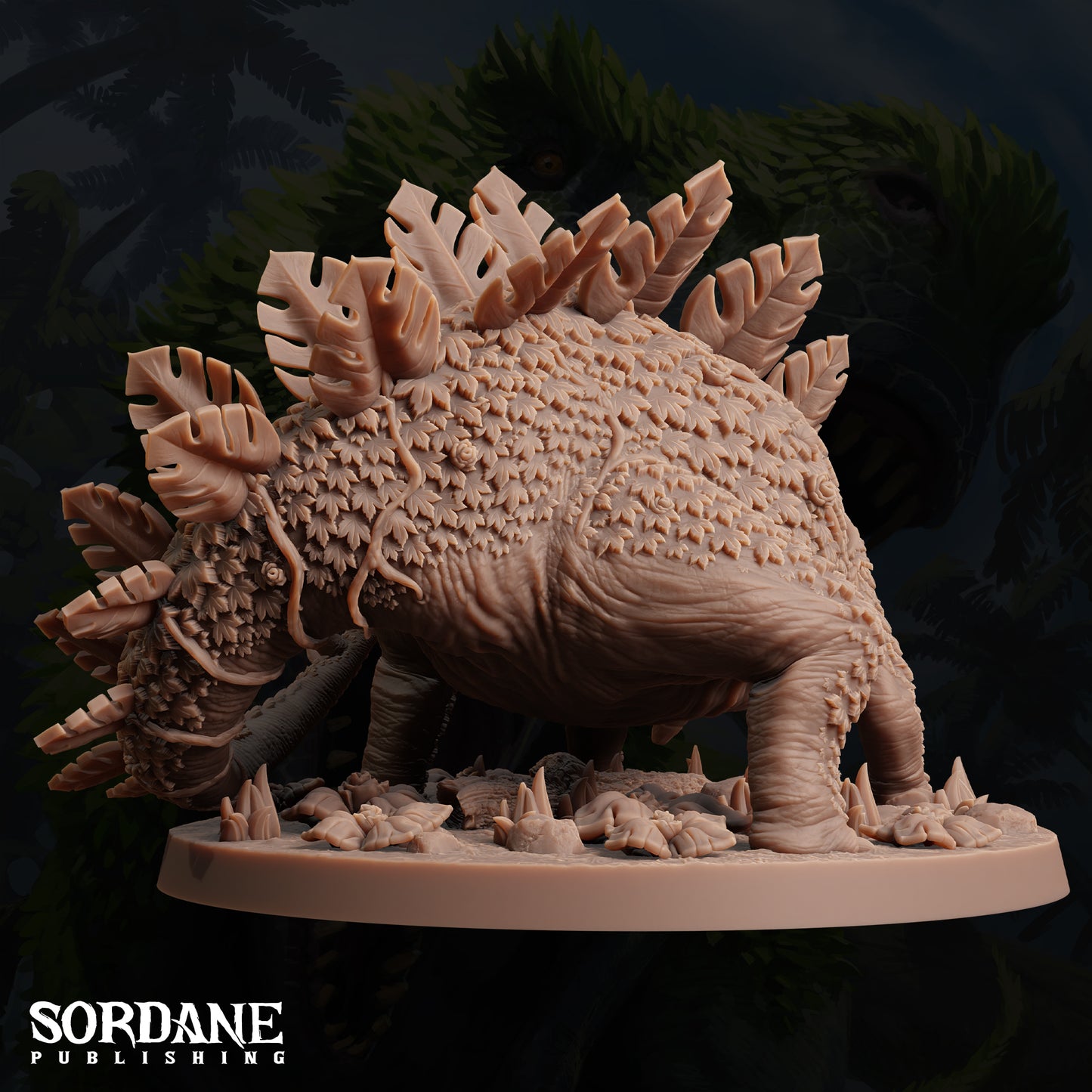 A detailed 3D model of a dinosaur with a large head, long neck, and numerous spikes protruding from its body, set against a dark background.