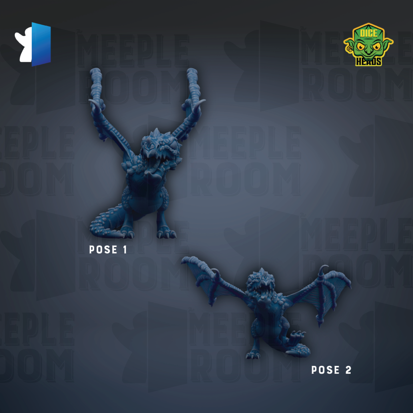 two blue dragon figurines, one standing and one sitting, against a dark background with repeated text and logos.