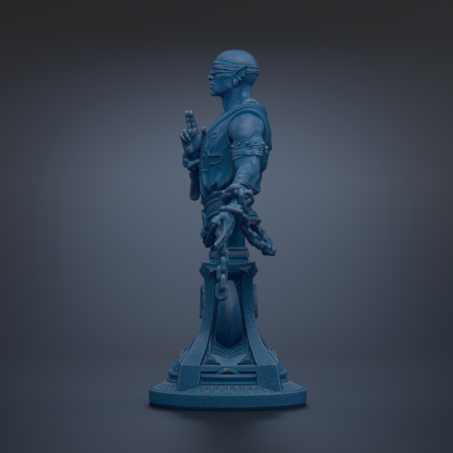 A blue statue of a person with a serious expression, standing on a pedestal.