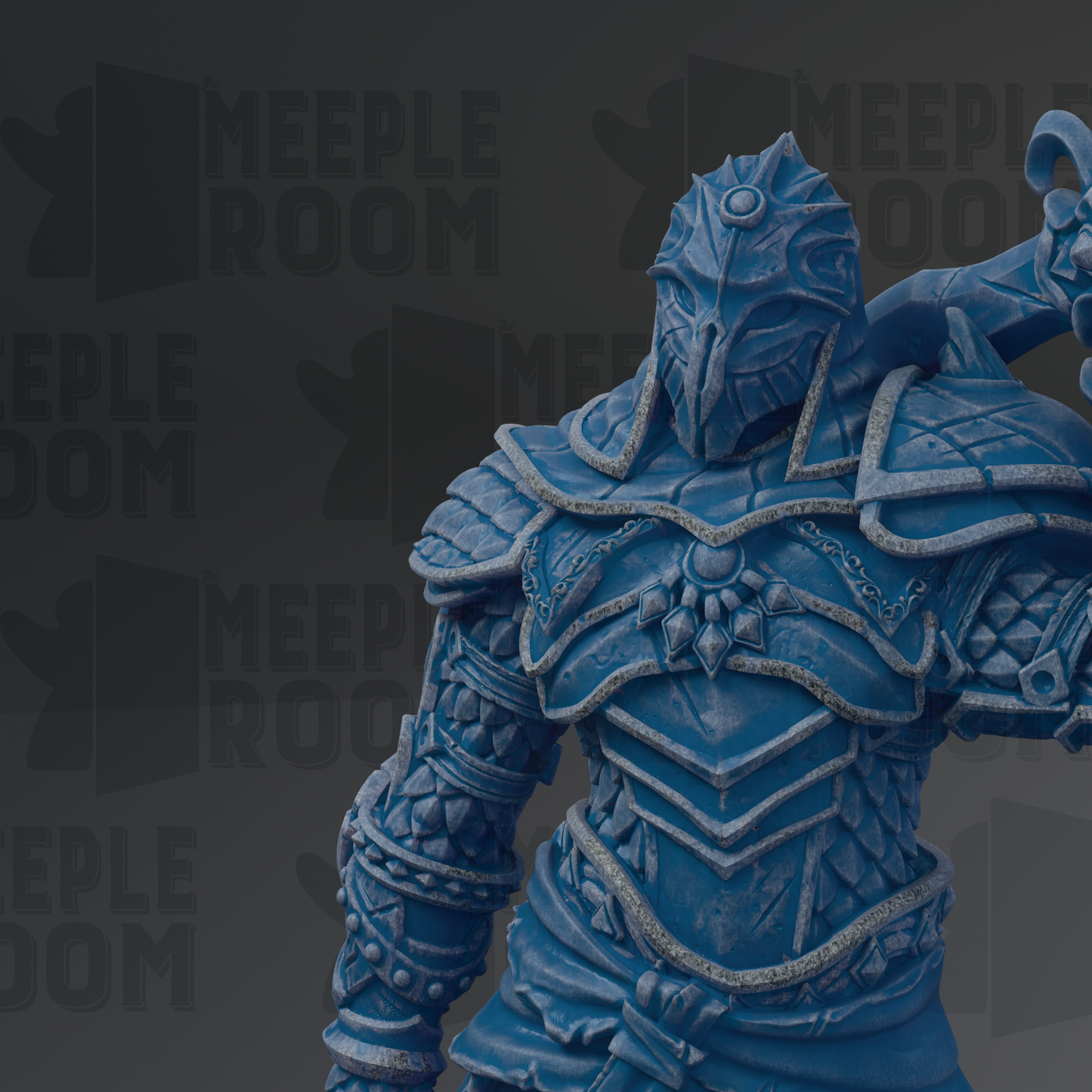 A detailed 3D rendering of a blue armored knight figure, with intricate armor and a fierce expression, set against a dark background with repeated text.