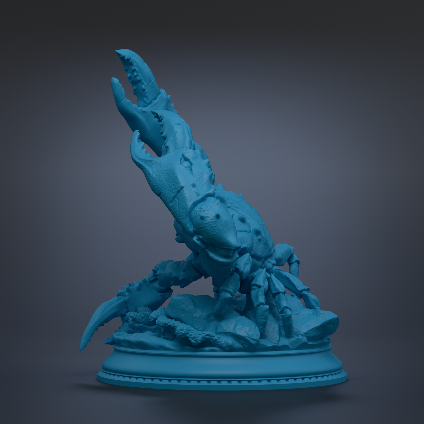 A blue, 3D-rendered crab sculpture with sharp claws and a textured shell, standing on a pedestal against a dark background.