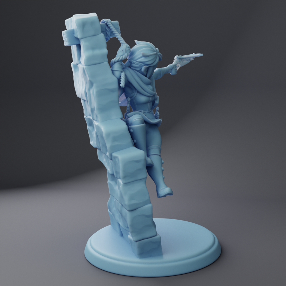 A 3D rendering of a female character in a fighting stance, holding a weapon and standing on a platform.