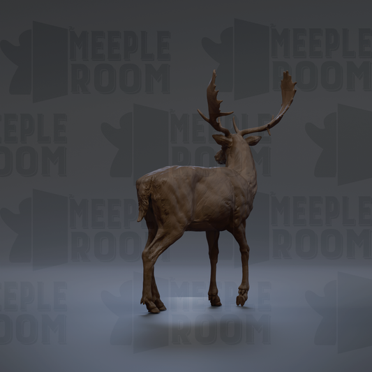 A 3D rendering of a deer statue with large antlers, standing on a gray background with repeated text.