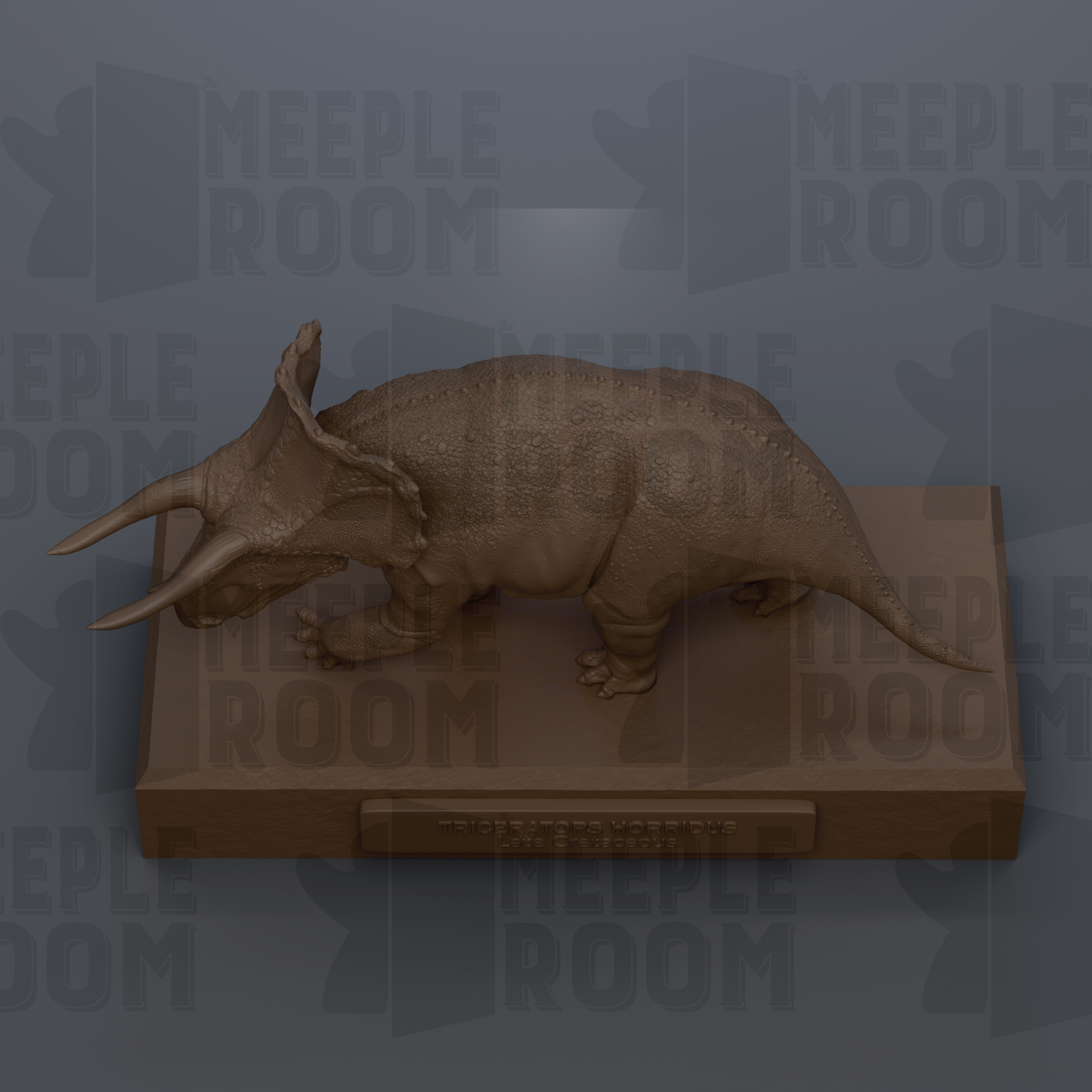 A 3D rendering of a Triceratops dinosaur statue displayed on a rectangular base.