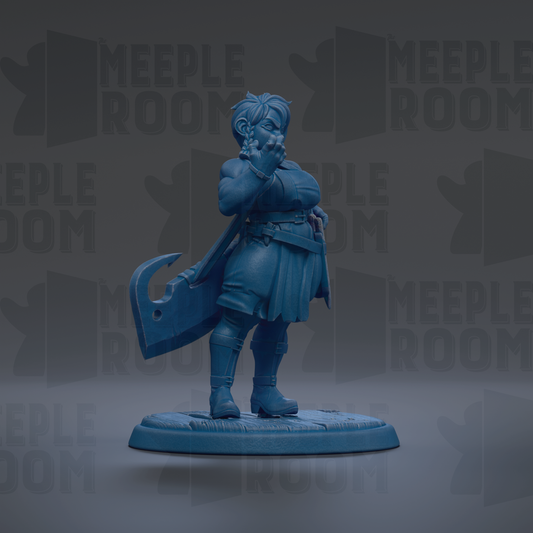 A blue figurine of a person standing on a platform, holding a weapon and wearing a skirt.