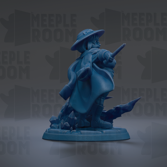 A blue figurine of a person holding a weapon, standing on a platform with a dark background that has the word "MEIPLLE ROOM" repeated multiple times.