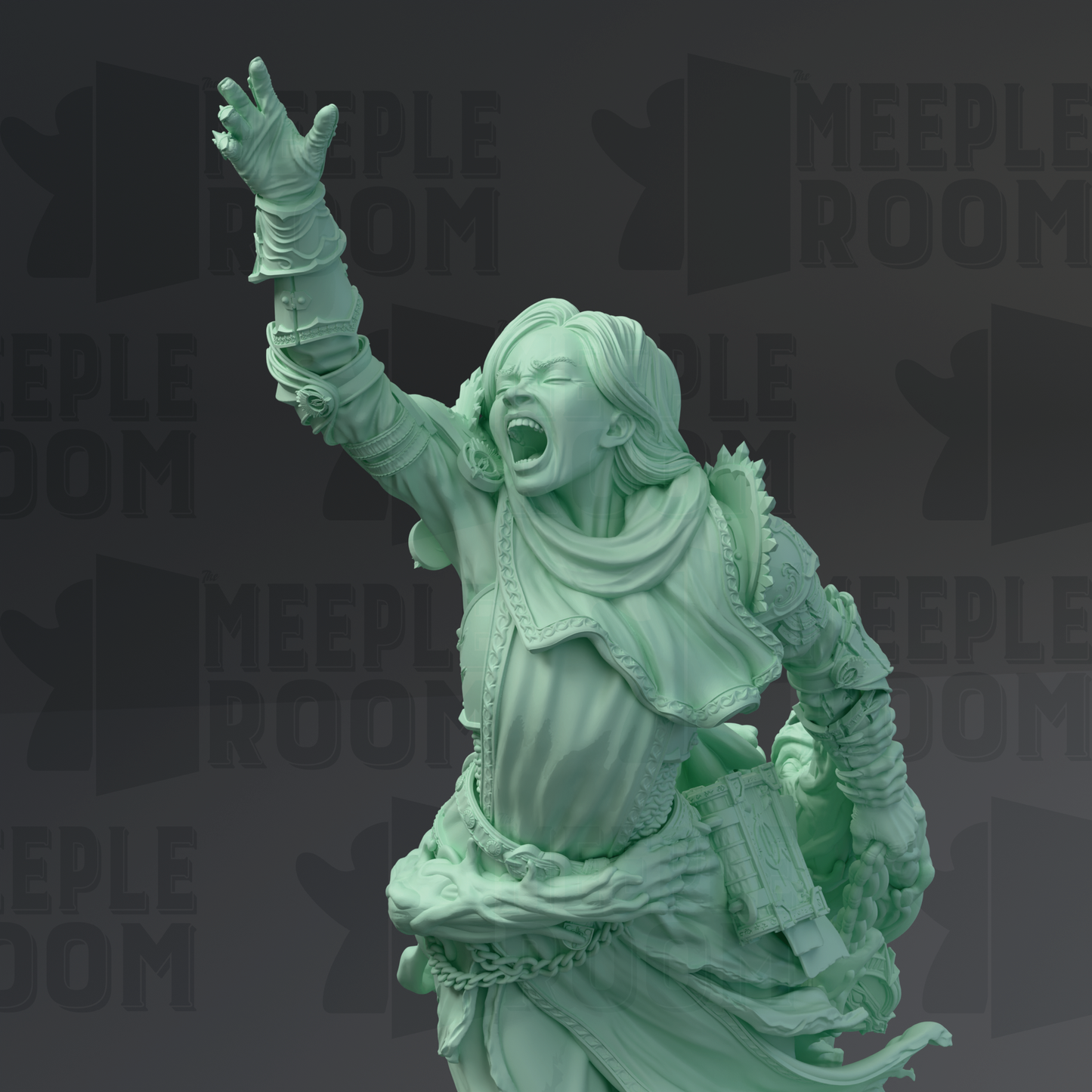 A green statue of a person with their arm raised and mouth open, appearing to be in a dramatic pose.