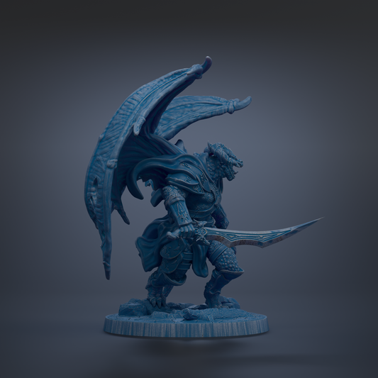 A detailed 3D model of a winged, armored dragon-like creature holding a sword.