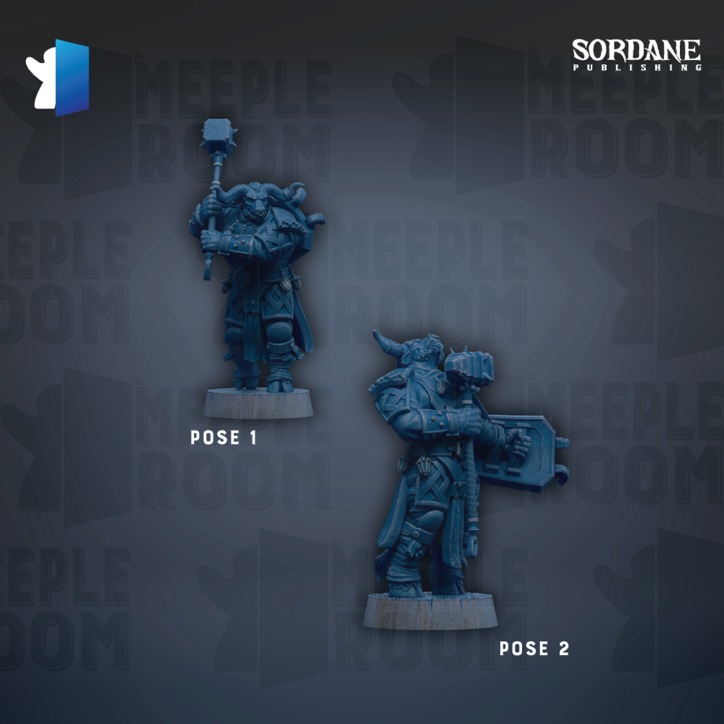 two blue figurines of soldiers, each holding a weapon, positioned in different poses.