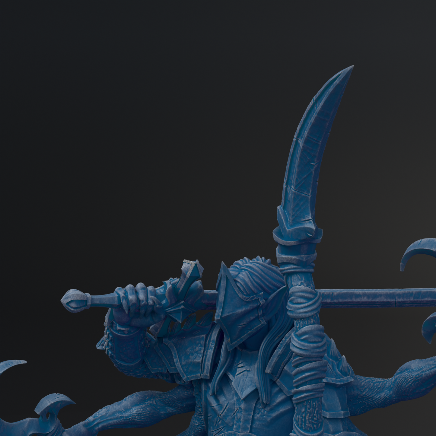 A detailed 3D rendering of a warrior figure holding a sword and shield, set against a dark background.