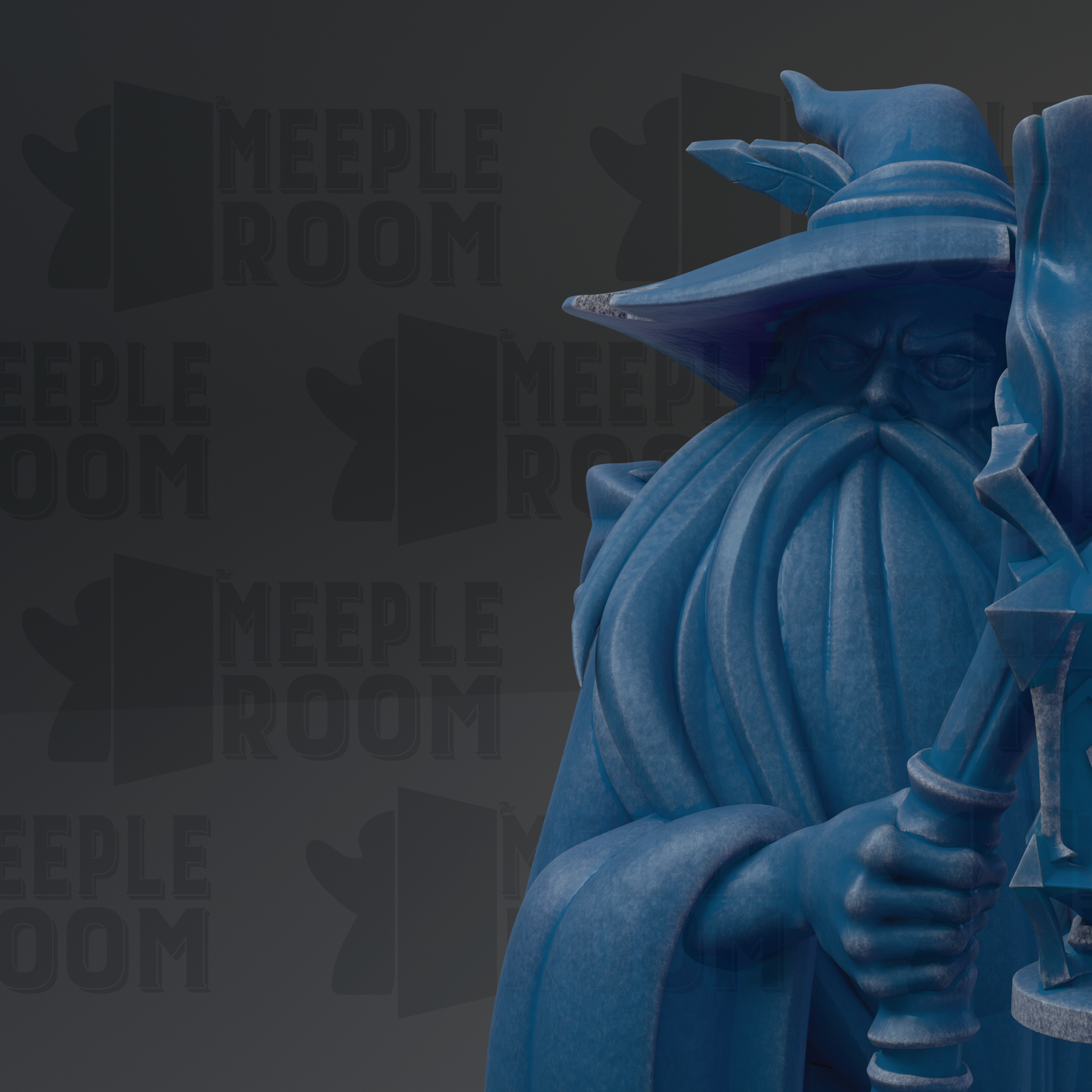 A blue statue of a wizard or magical figure holding a staff and shield, with the text "MEEPLE ROOM" repeated in the background.