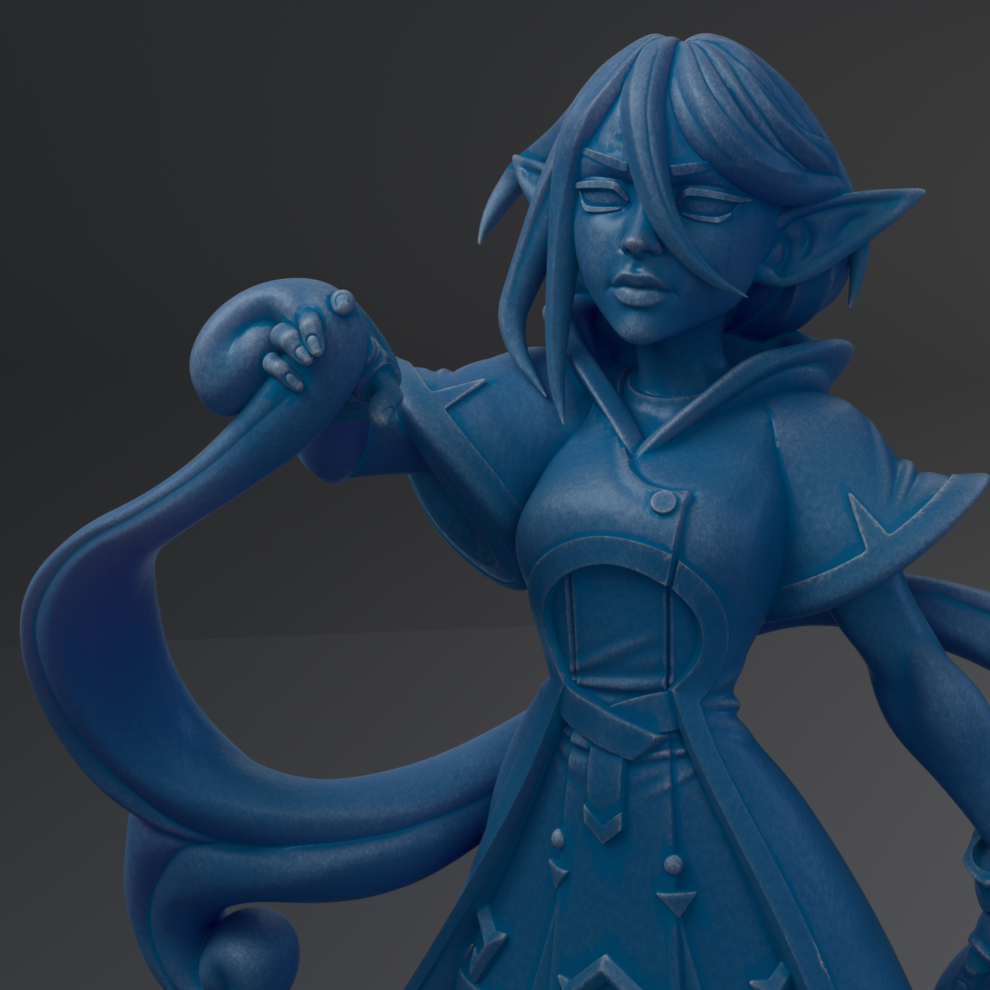 A blue, 3D-rendered female character with long hair and a flowing robe, holding a staff and appearing to be in a contemplative or thoughtful pose.