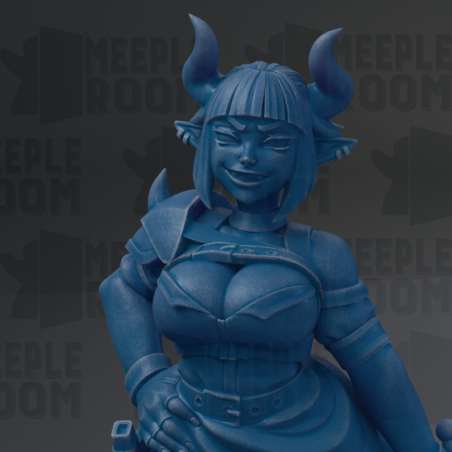 A blue statue of a woman with horns, wearing a corset and holding a weapon, is the main focus of the image.