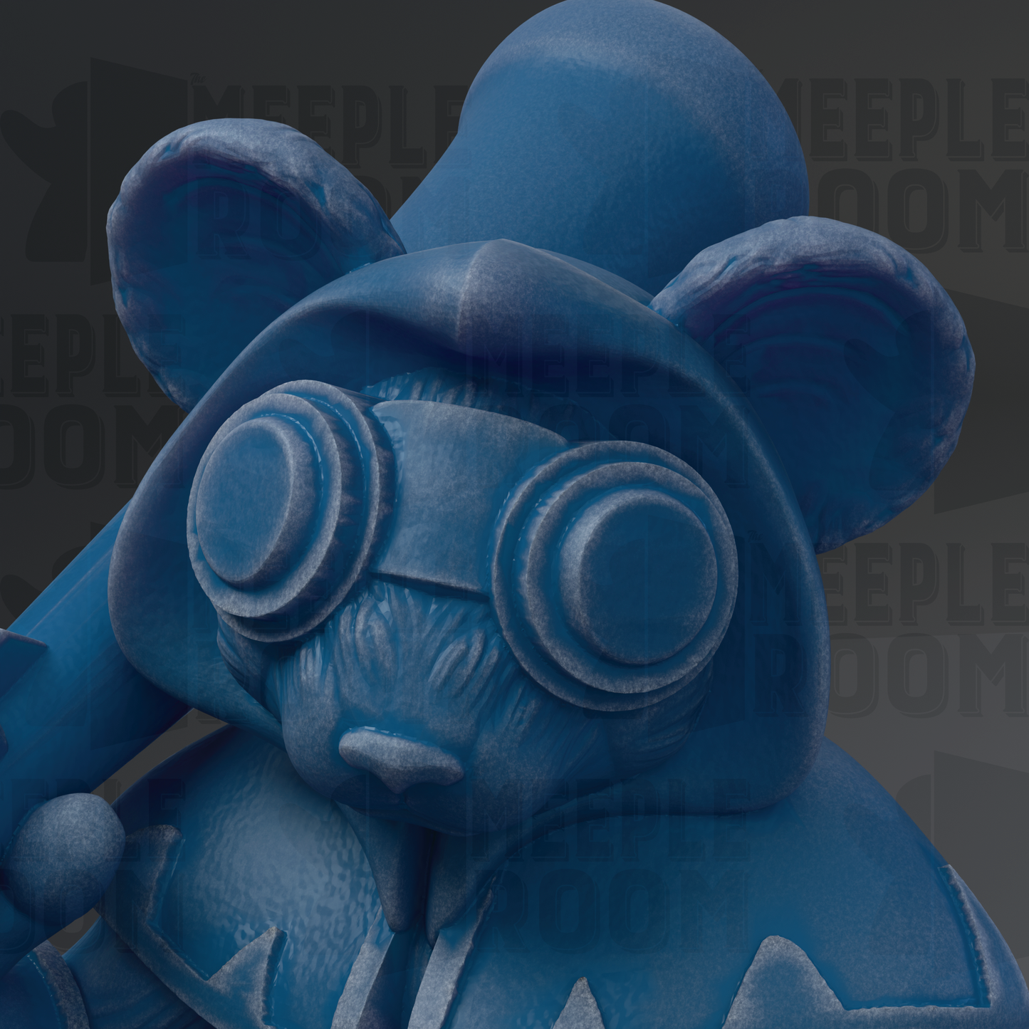A close-up of a blue, cartoonish-looking bear statue with large eyes and a hat, set against a dark background with repeated text.