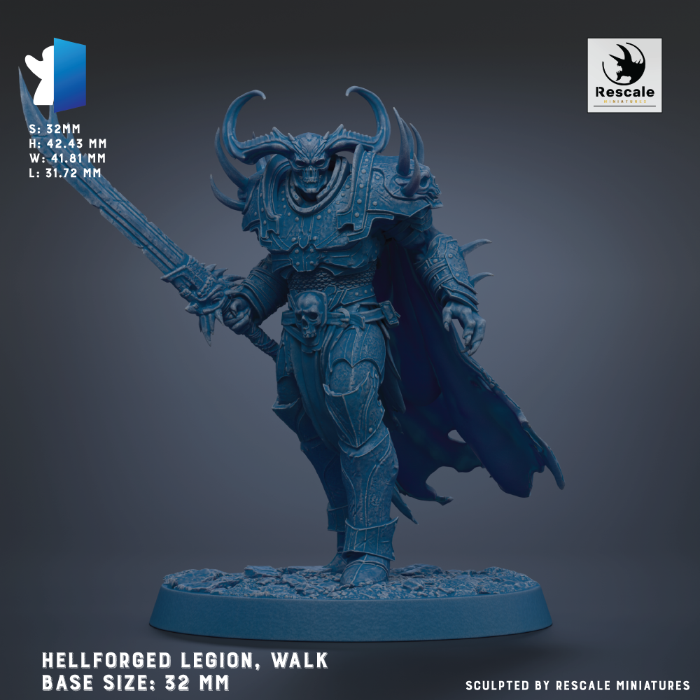 A 3D rendering of a Hellforged Legion, a type of fantasy character, with a detailed and intricate design. The character is shown in a dynamic pose, holding a sword and wearing a cape. The base size of the figure is 32 millimeters. The image is a sculpture, and it is created by Rescale miniatures.
