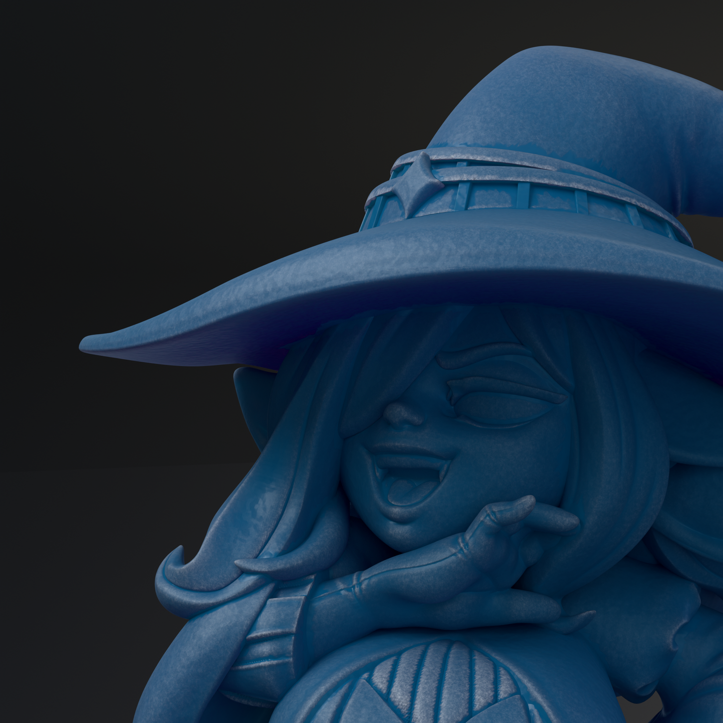 A close-up of a blue, cartoonish character wearing a pointed hat, with a whimsical expression.