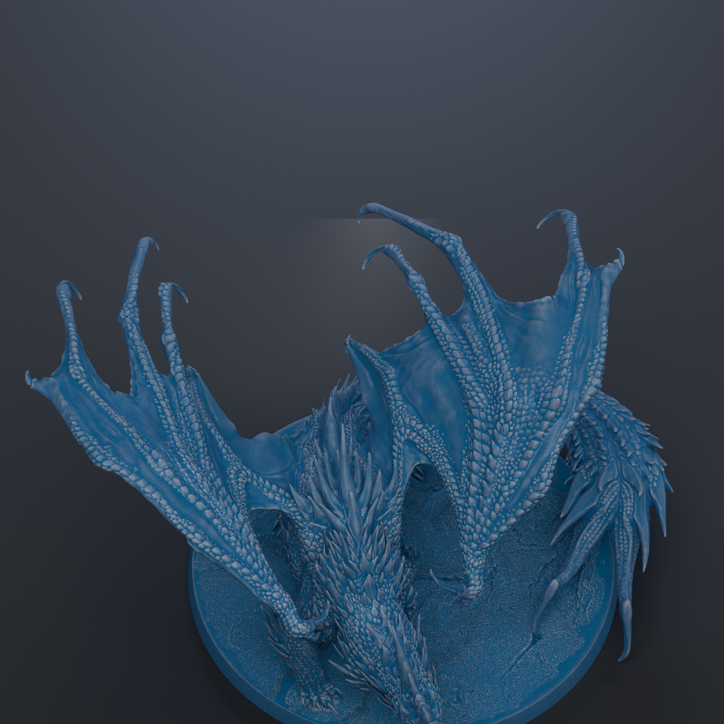 A detailed 3D rendering of a blue dragon-like creature with intricate scales and wings, set against a dark background.